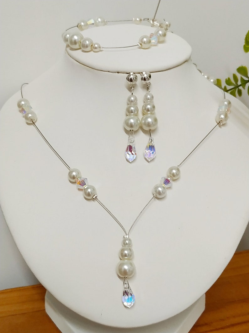 Parure collier, perles ivoires cristal, collier mariage, bracelet, et boucles d'oreille, accessoires mariée, bijoux mariage, bijoux femme image 2