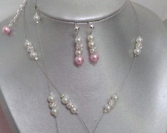 Collier perles ivoire et rose, perles strass, parure mariée, bijoux mariage, ras de cou, bijou de dos, bracelet, boucles d'oreille