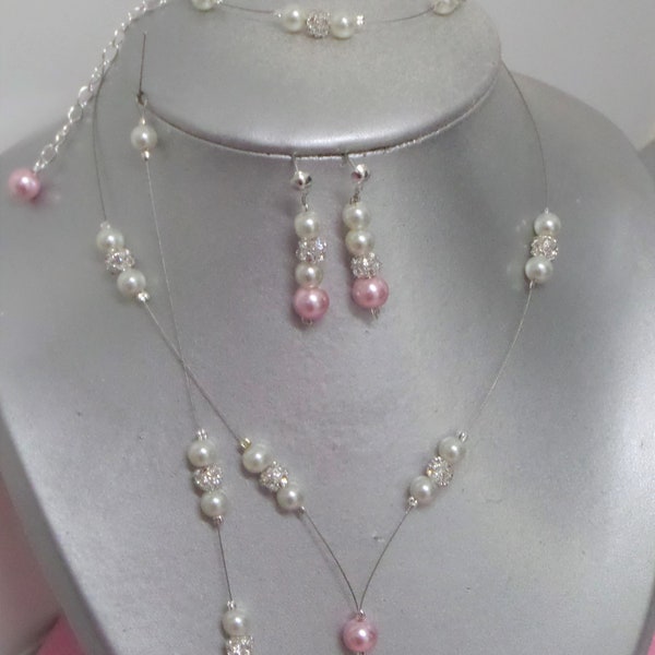 Collier perles ivoire et rose, perles strass, parure mariée, bijoux mariage, ras de cou, bijou de dos, bracelet, boucles d'oreille