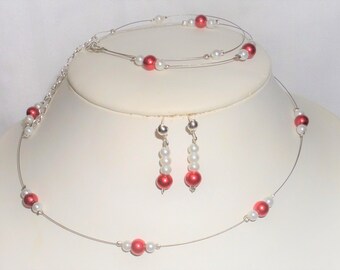 Wedding adornment, white and red pearl necklace, bracelet, wedding earrings, bridal accessory, costume jewelry