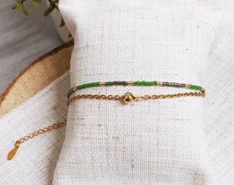 Fine stainless steel double chain bracelet and Avocado Luster green miyuki beads