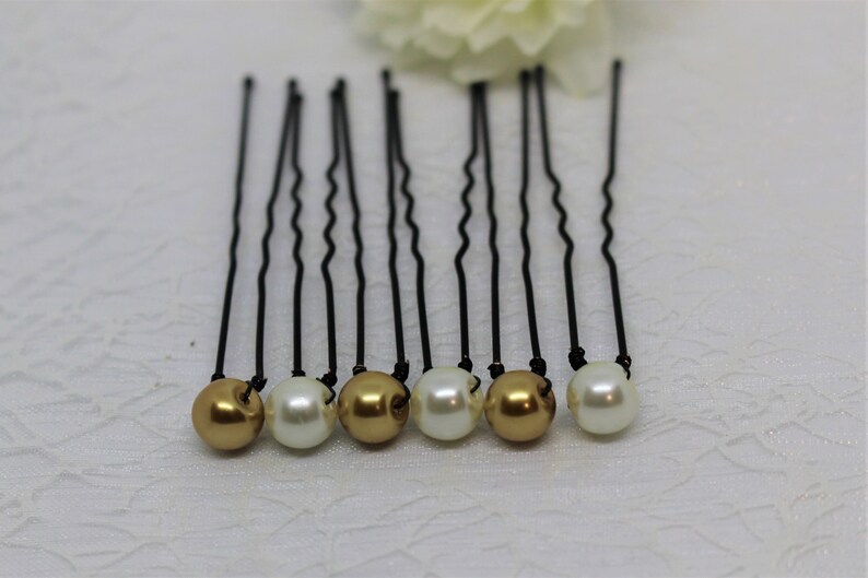handmade hairdressing accessory bun pins 8 mm Golden pearly Pearl Bridal hairstyle Golden and ivory hair picks