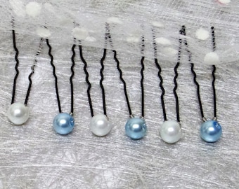 Hair pins, hair pins, hair, Bridal, wedding Pearl blue and white 8 mm