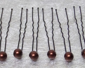 Hair pins, wedding hair pins, Bridal hair chocolate brown Pearl 8 mm
