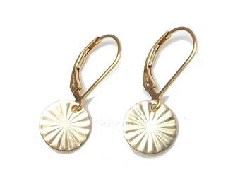 Gold sleeper earrings, Round medal, Women's gift idea