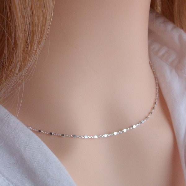 Collier ras de cou Argent massif, Chaine petites perles carrées, Collier choker, Cadeau femme