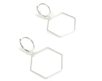 Geometric earrings, Hexagonal Creoles Silver, Sleepers, Gift idea woman