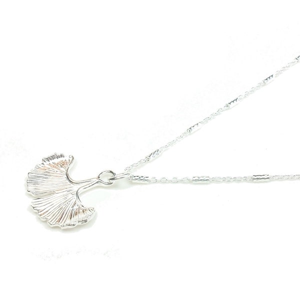 Collier pendentif ginkgo Argent, Chaine tubes torsadés, Idée cadeau pour femme