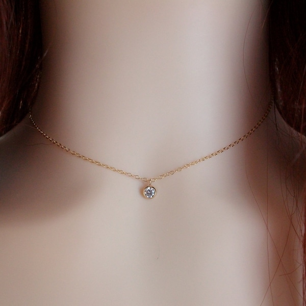 Collier oxyde de zirconium Or, Ras de cou diamant, Solitaire, Cadeau femme