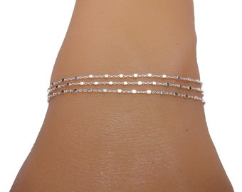 Women's silver multi-row bracelet, Beaded chain, small square beads, Multi-chain bracelet, Gift for women and girls