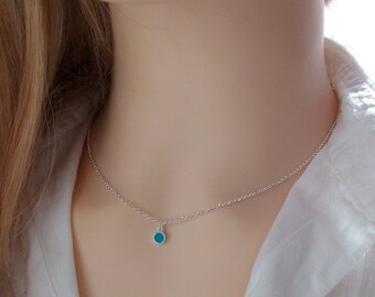 Collier turquoise Argent, Pendentif rond, Ras de cou minimaliste, Idée cadeau femme