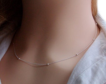 Collier petites boules Argent, Chaine perlée satellite, Ras de cou, Idée cadeau femme