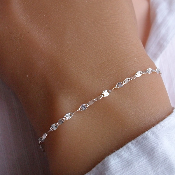 Bracelet chaine femme - Argent - Bracelet fin - Chaine fantaisie - Soleil plat - Bijou minimaliste - Cadeau femme fille