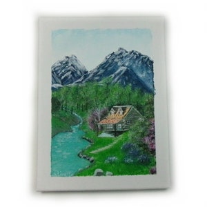 Painting Acrylic Painting on canvas, Original painting landscape mountain hut river, handmade image 1