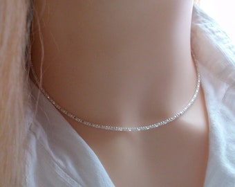 Collar de gargantilla de plata, Cadena de diamantes, Collar brillante, Idea de regalo para mujeres