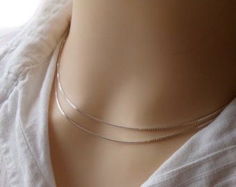 Collar de varias hileras 2 cadenas Malla veneciana de plata Joyería minimalista Idea de regalo para mujer