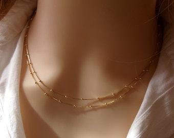 Collar de varias hileras 2 cadenas satélite Agente 925 dorado 18k malla veneciana Joyería minimalista Idea de regalo para mujer