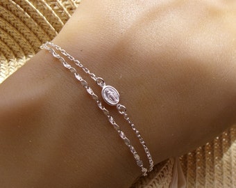 Bracelet multirang vierge marie, Argent, Bracelet deux chaînes, Médaille miraculeuse, Chaîne soleil, Bracelet religieux