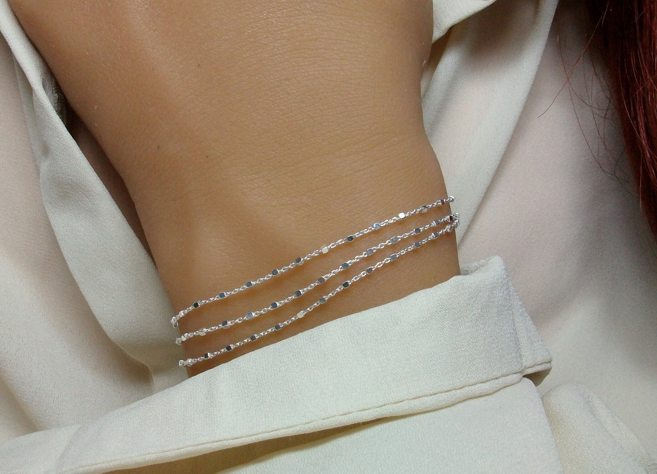 Bracelet argent femme multi chaines - bracelet fin - chaine perlée - maille  boule - 2 chaines - cadeau femme fille - Un grand marché