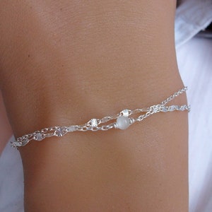 Bracelet multi chaine Argent Bracelet perle blanche Oeil de chat Bracelet 2 chaines Bracelet réglable image 6