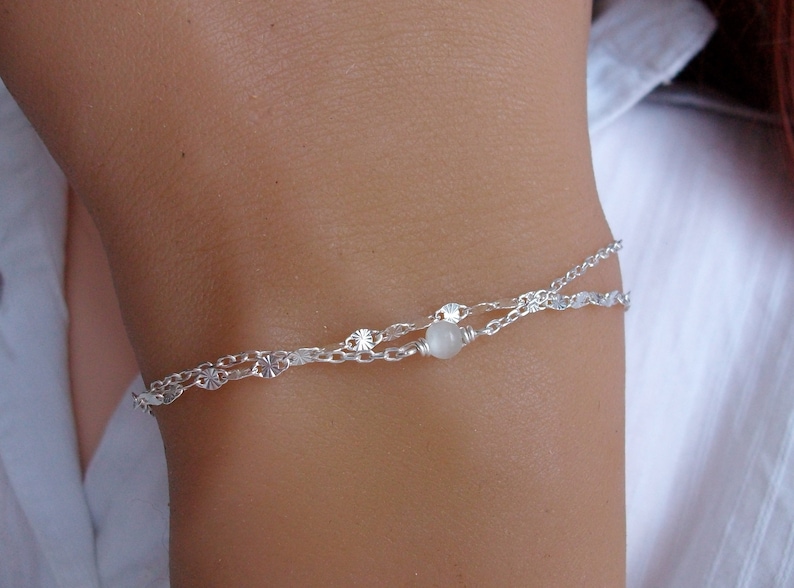 Bracelet multi chaine Argent Bracelet perle blanche Oeil de chat Bracelet 2 chaines Bracelet réglable image 6