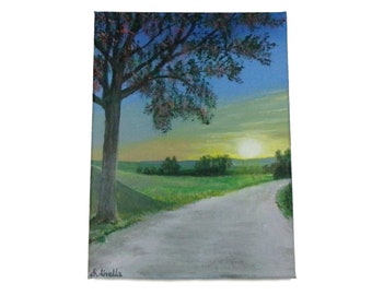 Peinture Acrylique originale sur toile, Coucher de soleil, Tableau paysage campagne, Idée cadeau