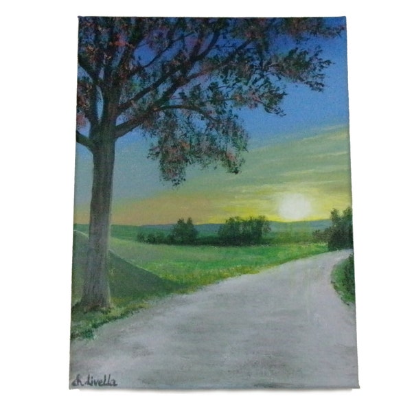 Peinture Acrylique originale sur toile, Coucher de soleil, Tableau paysage campagne, Idée cadeau