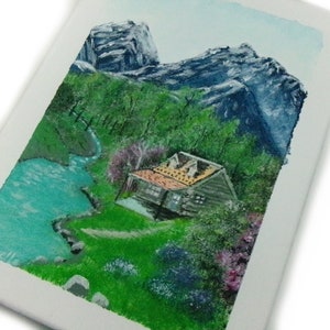 Painting Acrylic Painting on canvas, Original painting landscape mountain hut river, handmade image 2