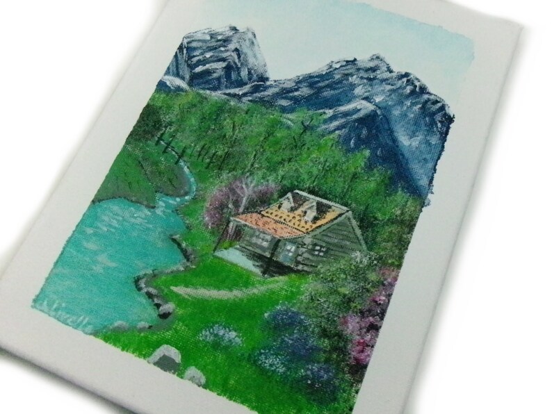 Painting Acrylic Painting on canvas, Original painting landscape mountain hut river, handmade image 2