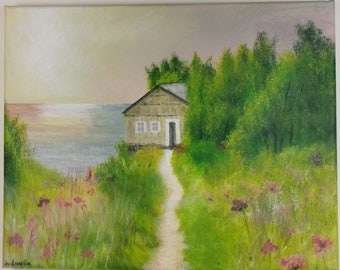 Pintura acrílica original sobre lienzo, Casa cerca del mar, Pintura de paisaje, Idea de regalo