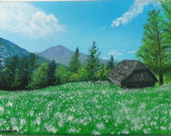 Original acrylic painting on canvas, spring countryside chalet, landscape painting, gift idea