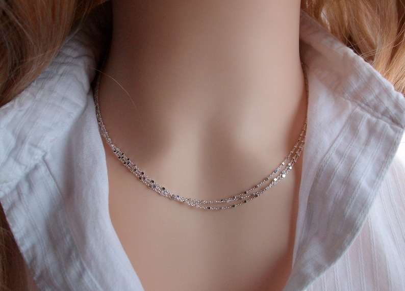 Collier multirang, Ras de cou Argent 925, Chaine petites perles carrées, Idée cadeau pour femme image 4