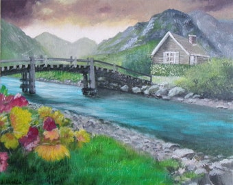 Pintura acrílica original sobre lienzo, Escena del río, Paisaje de montaña, Idea de regalo