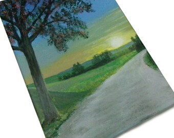 Original acrylic painting on canvas, Sunset, Country landscape painting, Gift idea