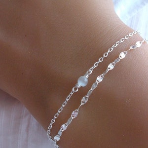 Bracelet multi chaine - Argent - Bracelet perle blanche - Oeil de chat - Bracelet 2 chaines - Bracelet réglable