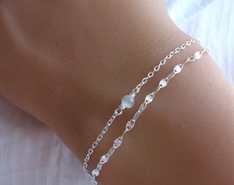 Bracelet multi chaine - Argent - Bracelet perle blanche - Oeil de chat - Bracelet 2 chaines - Bracelet réglable