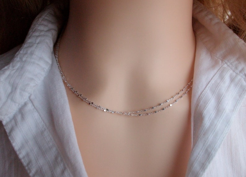 Collier multirang, Ras de cou Argent 925, Chaine petites perles carrées, Idée cadeau pour femme image 8