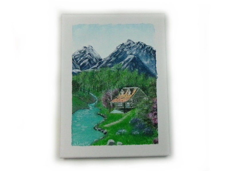 Painting Acrylic Painting on canvas, Original painting landscape mountain hut river, handmade image 1