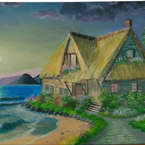 Tableau paysage mer, Peinture Acrylique fait main sur toile, Maison bord de mer, cadeau décoration murale