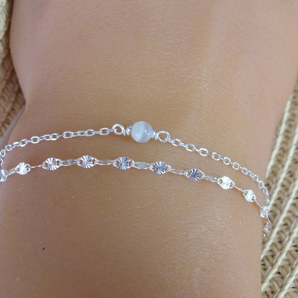 Bracelet multirang Argent Perle blanche Oeil de chat Chaine soleil Bracelet 2 rangs Réglable