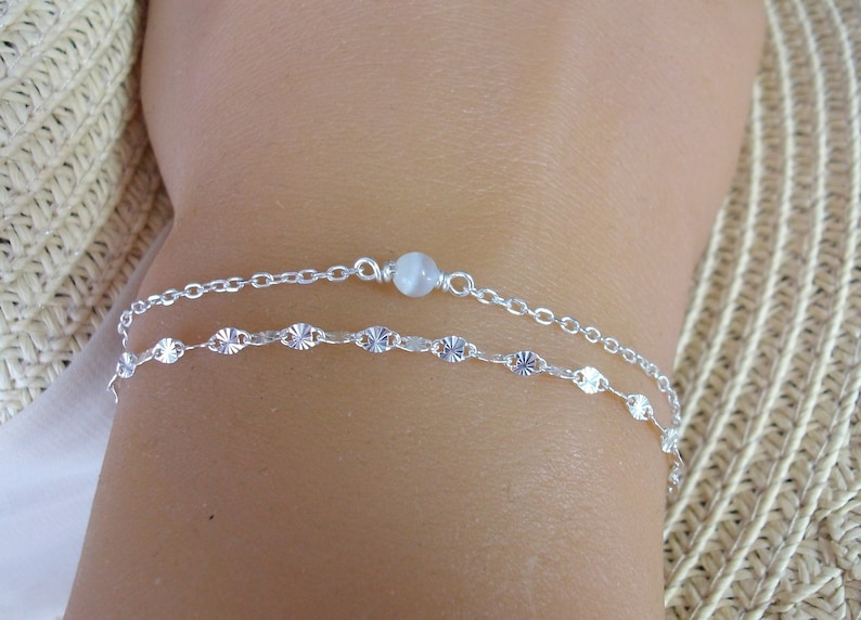 Bracelet multi chaine Argent Bracelet perle blanche Oeil de chat Bracelet 2 chaines Bracelet réglable image 7