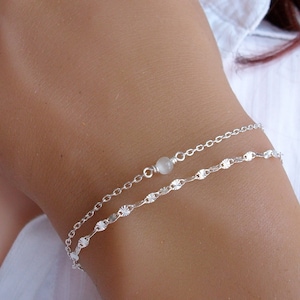 Bracelet multi chaine Argent Bracelet perle blanche Oeil de chat Bracelet 2 chaines Bracelet réglable image 5