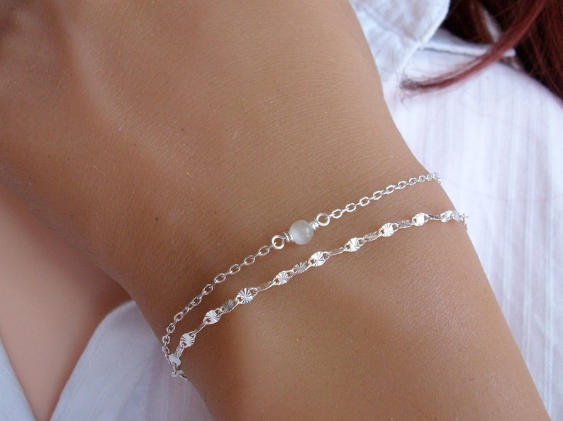 Bracelet multi chaine Argent Bracelet perle blanche Oeil de chat Bracelet 2 chaines Bracelet réglable image 5