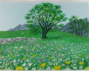 Peinture Acrylique originale sur toile, champs printanier campagne, Tableau paysage, Idée cadeau