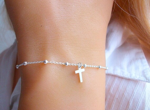 Silver Cross Bracelet, Small Cross Charm, Ball Chain, Satellite 