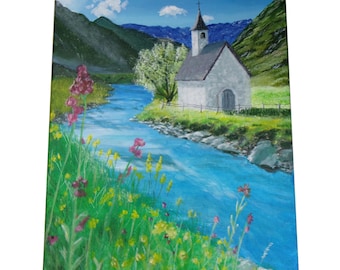 Chapelle de montagne, Peinture Acrylique originale sur toile, Tableau de paysage, rivière, fleurs, Idée cadeau