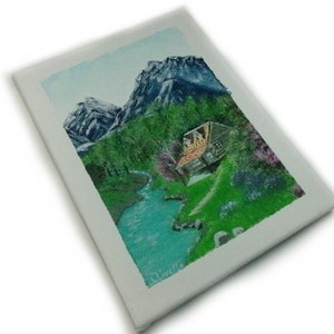 Painting Acrylic Painting on canvas, Original painting landscape mountain hut river, handmade image 3