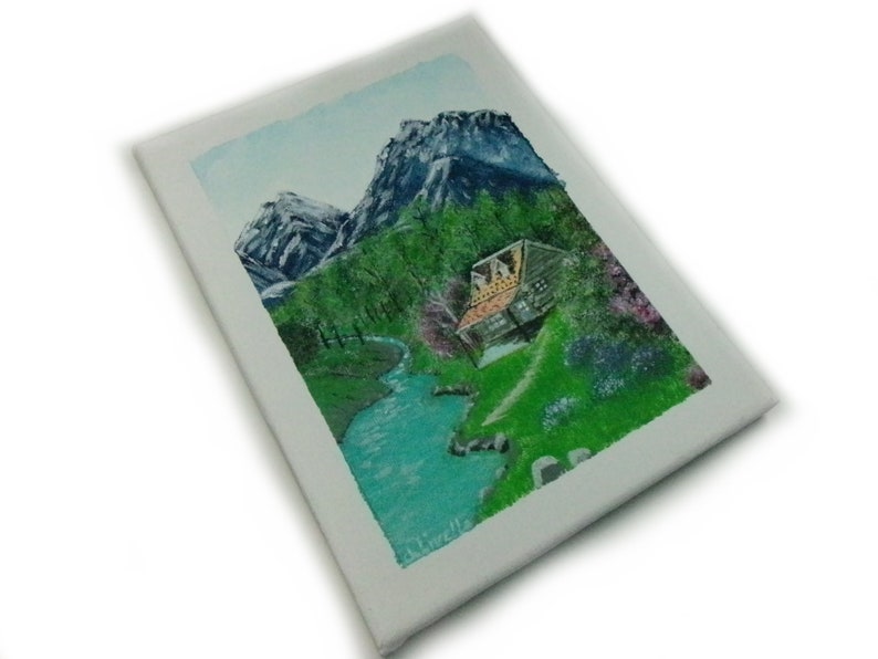 Painting Acrylic Painting on canvas, Original painting landscape mountain hut river, handmade image 3