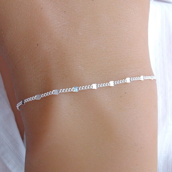 Bracelet chaîne gourmette carrés plats, Bijou minimaliste Argent, Cadeau femme