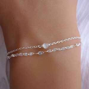 Bracelet multi chaine Argent Bracelet perle blanche Oeil de chat Bracelet 2 chaines Bracelet réglable image 3